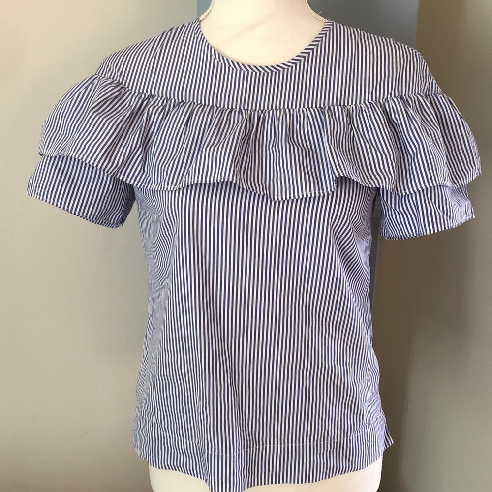 J. Crew Blue and White Striped Ruffle Yoke Top